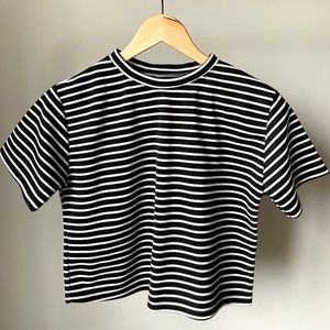 Black and White Mock Neck Boxy Stripe Short Sleeve Top